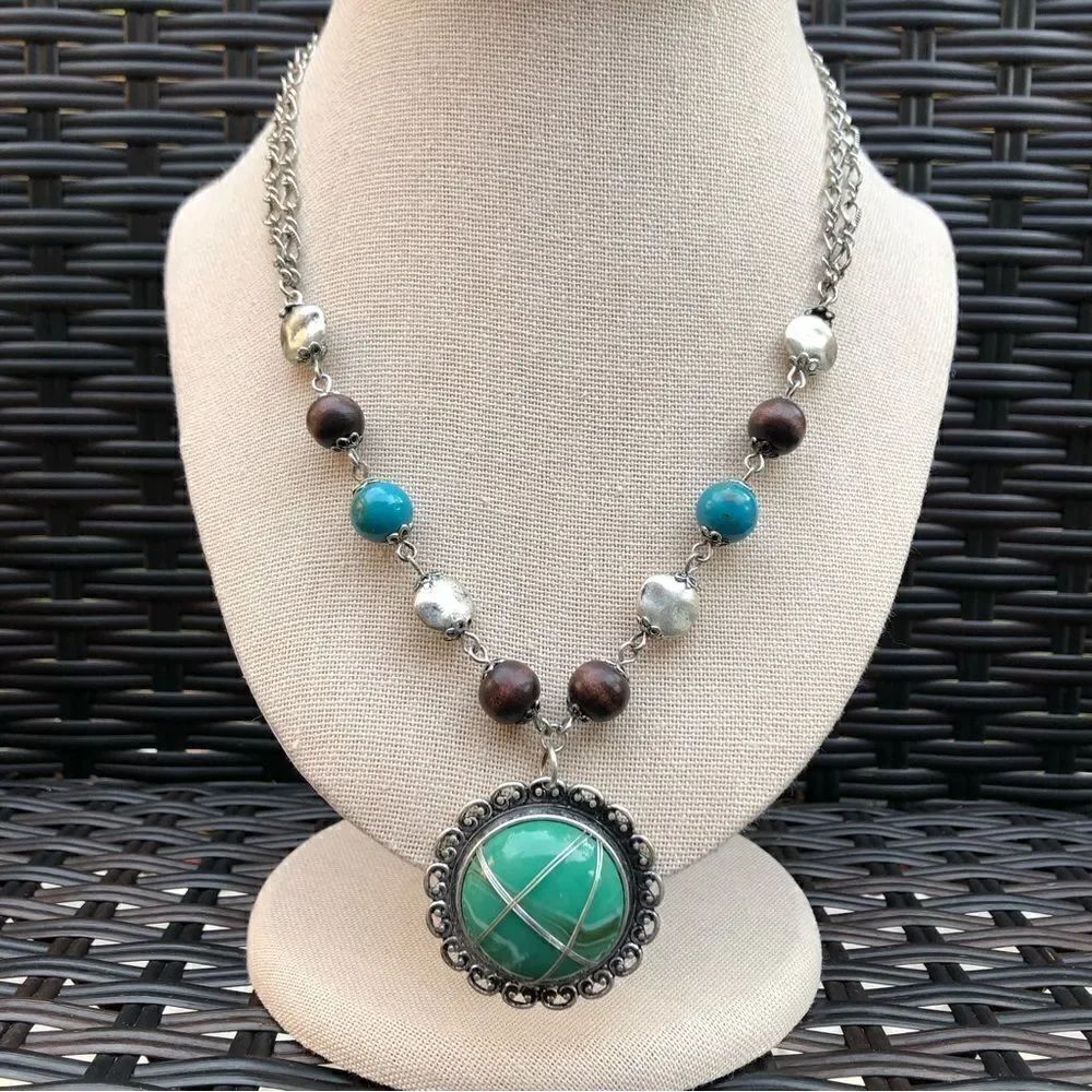 Beaded Boho Pendant Necklace | Silver Tone | 17” Adjustable